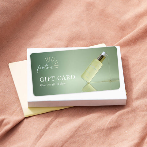 Fortae gift card with product image on a pink fabric background